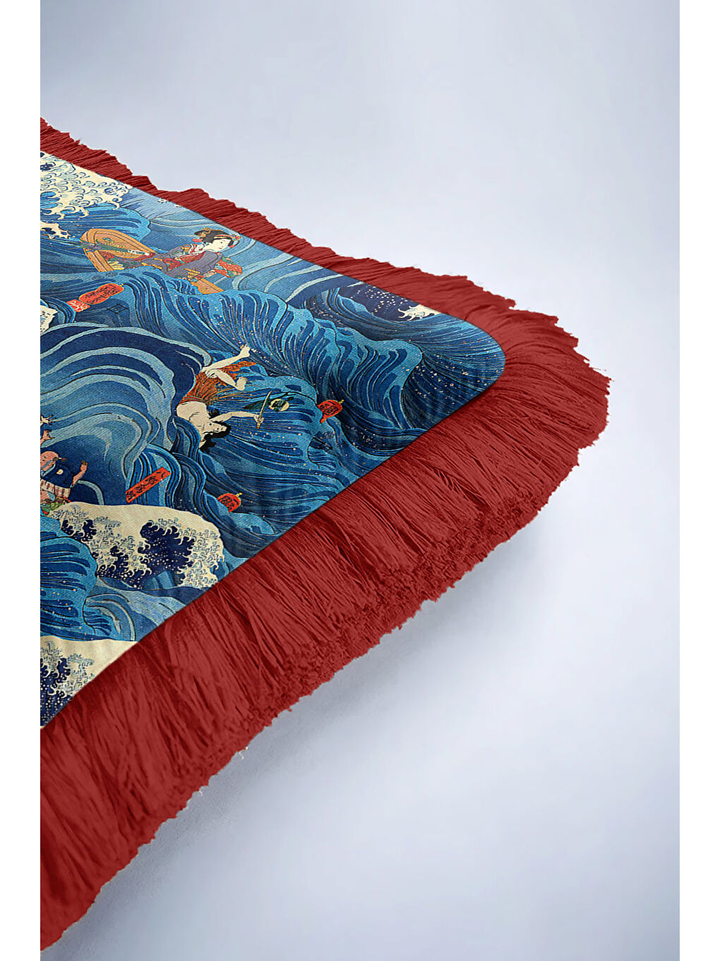 Karışık Japon Stil Dalga Motifli Saçaklı Yastık Kılıf - Uzak Doğu Sanatı Mavi Kırmızı Püsküllü Kırlent Kılıf-6