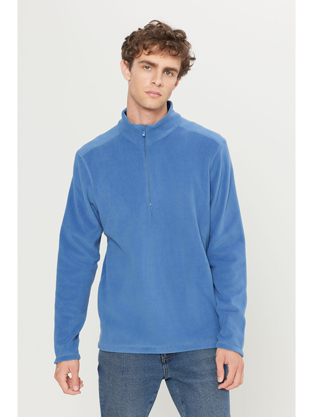Erkek İndigo Anti-Pilling Tüylenme Yapmayan Standart Fit Dik Yaka Polar Sweatshirt-2