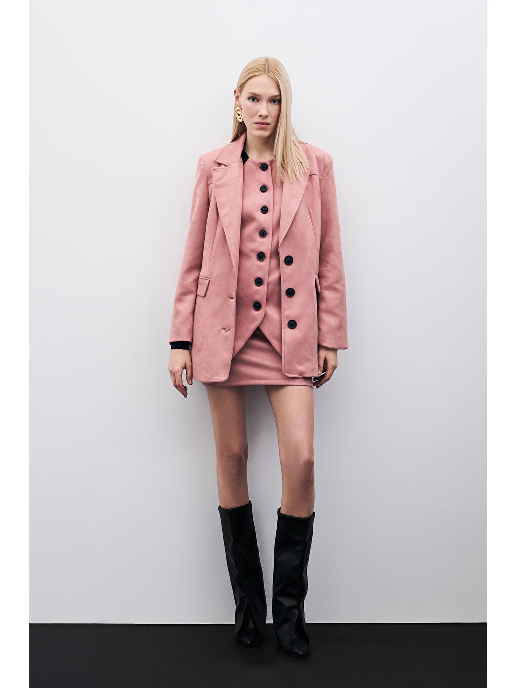 Pembe Düğmeli Süet Ceket - Pudra-1
