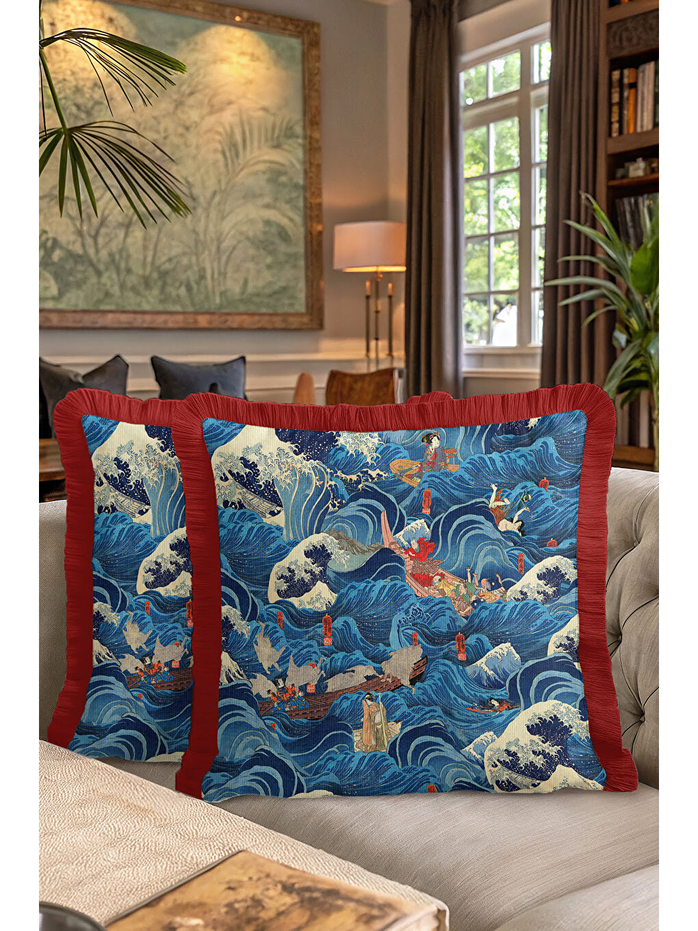 Karışık Japon Stil Dalga Motifli Saçaklı Yastık Kılıf - Uzak Doğu Sanatı Mavi Kırmızı Püsküllü Kırlent Kılıf-7