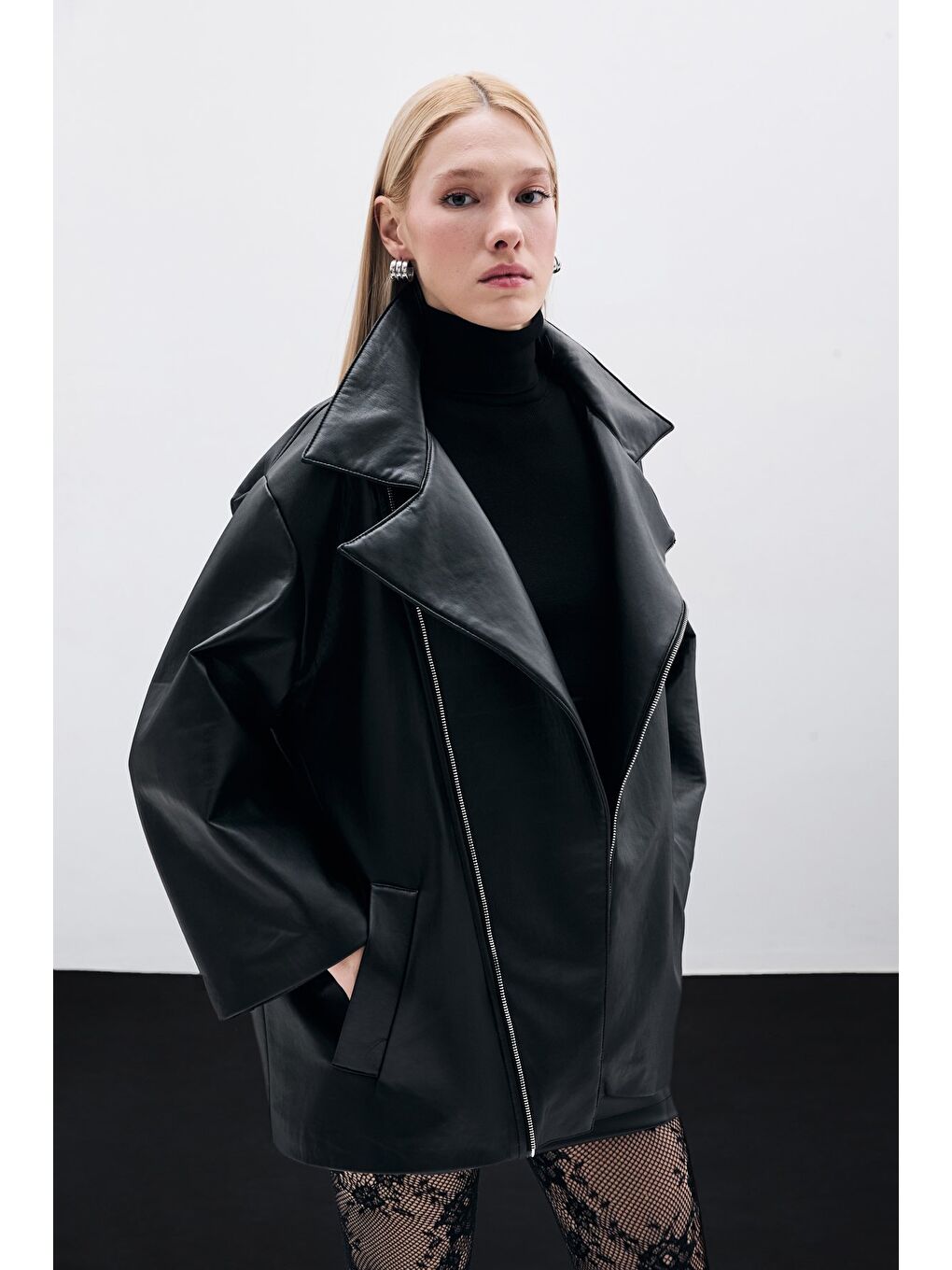 Oversize Deri Ceket - Siyah-2