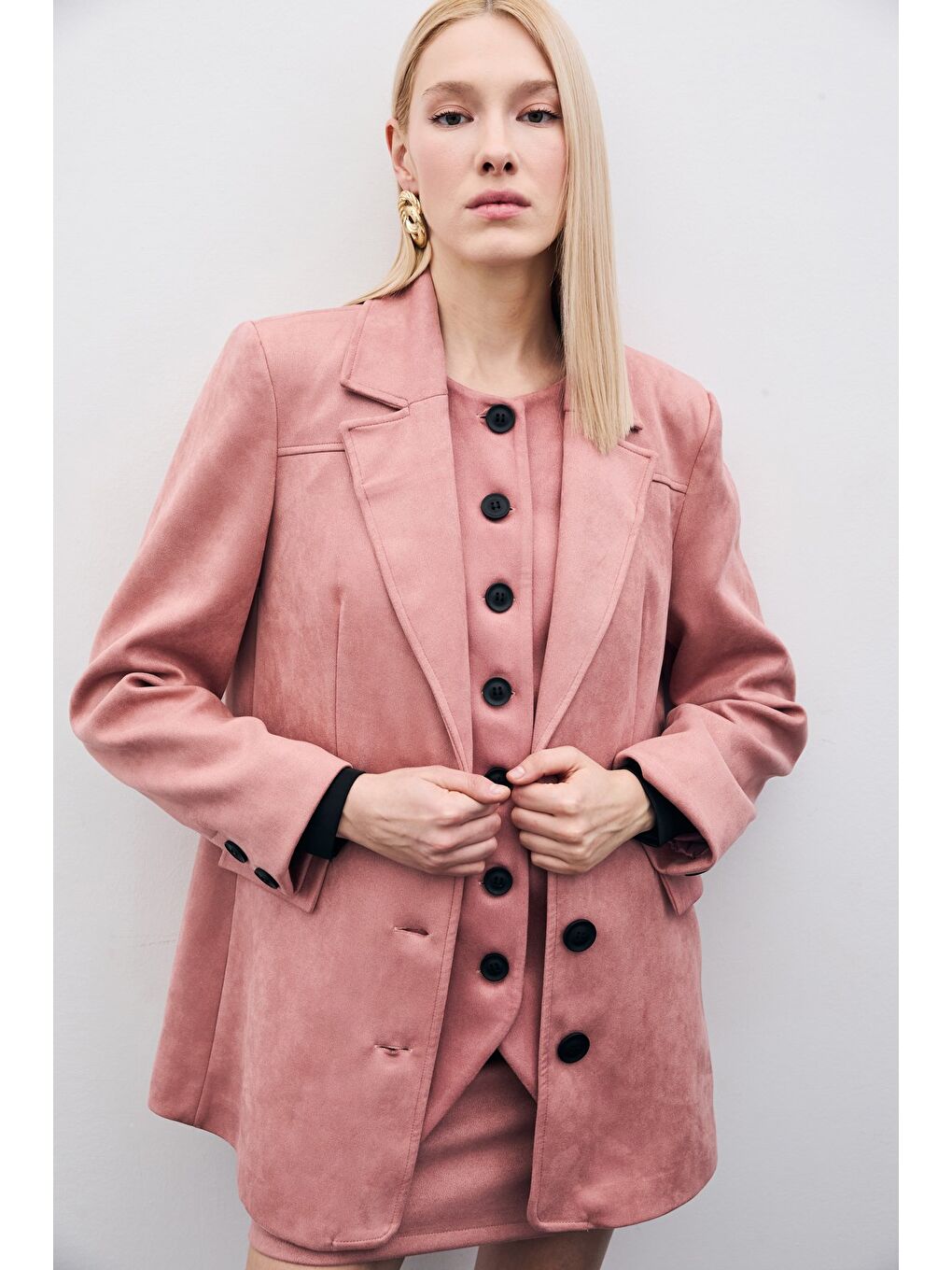 Pembe Düğmeli Süet Ceket - Pudra-2