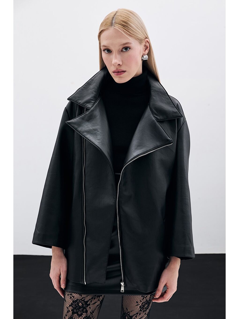Oversize Deri Ceket - Siyah-3