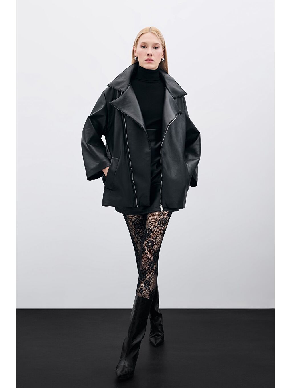 Oversize Deri Ceket - Siyah-4