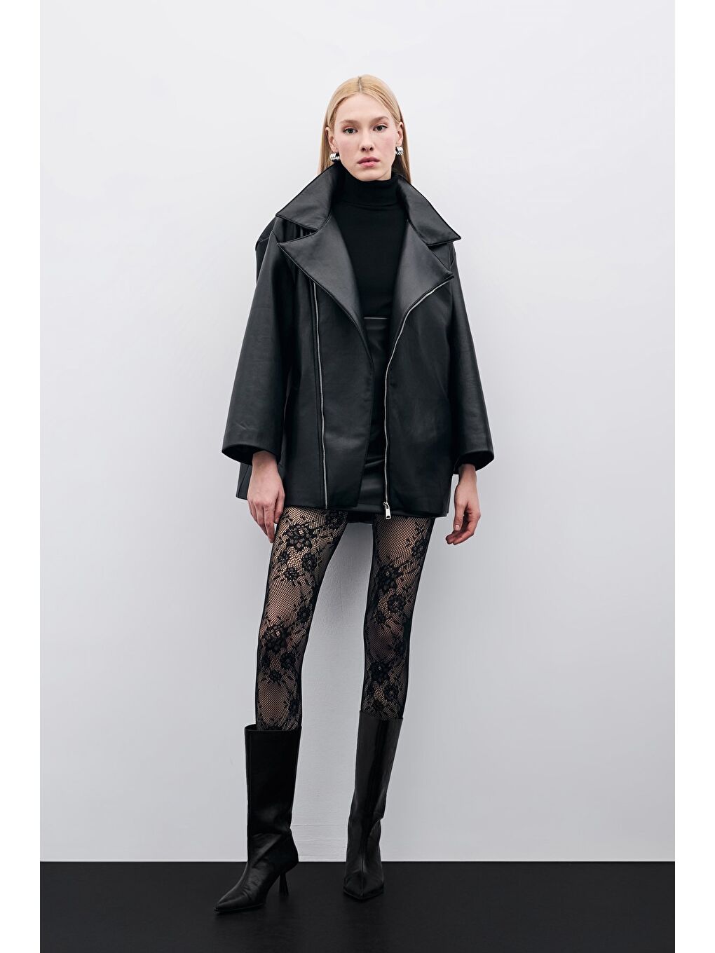 Oversize Deri Ceket - Siyah-5