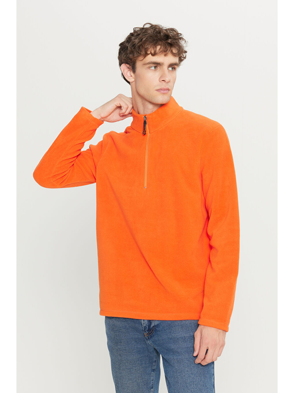Erkek Turuncu Anti-Pilling Tüylenme Yapmayan Standart Fit Dik Yaka Polar Sweatshirt-2