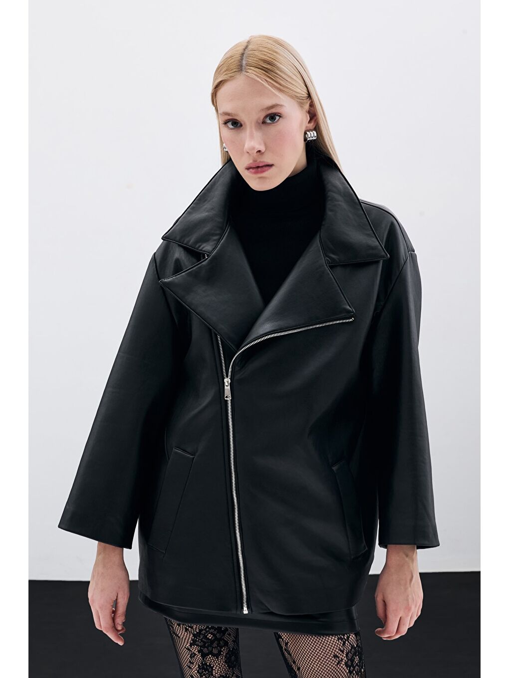 Oversize Deri Ceket - Siyah-6