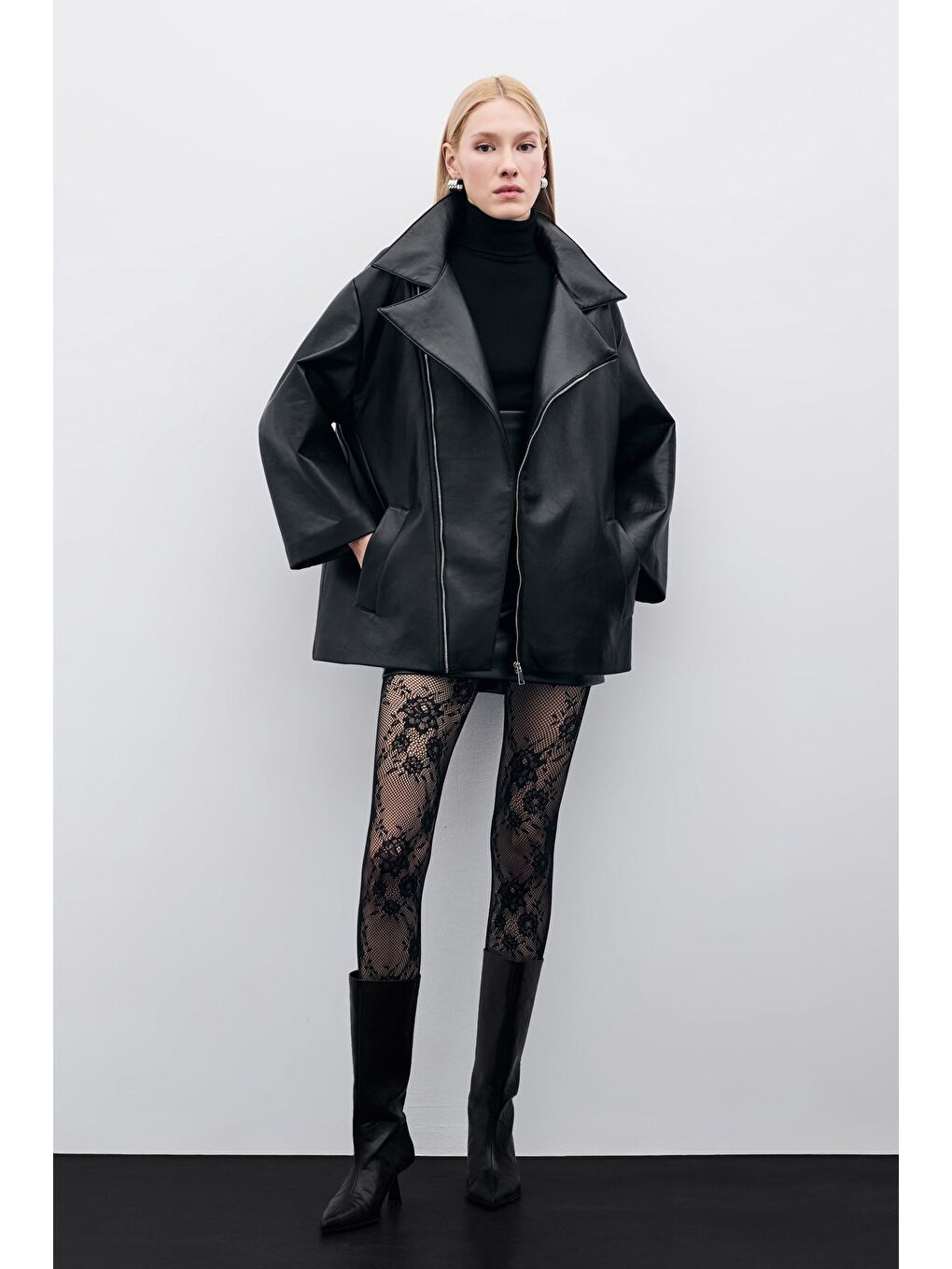 Oversize Deri Ceket - Siyah-7