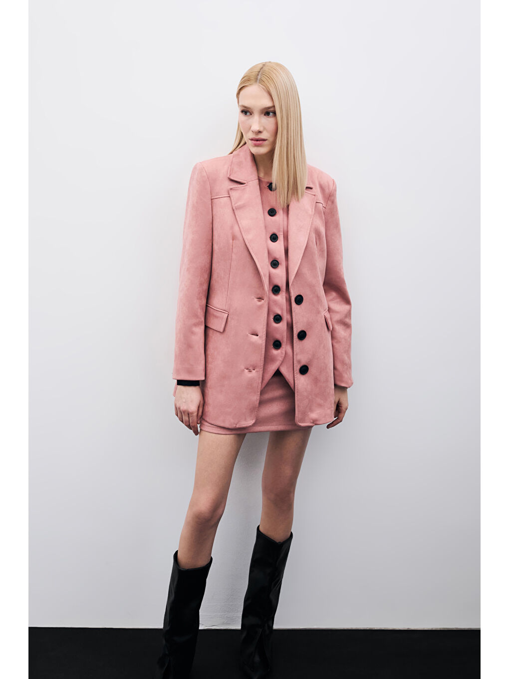 Pembe Düğmeli Süet Ceket - Pudra-4
