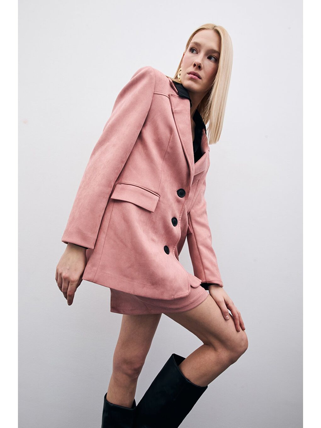 Pembe Düğmeli Süet Ceket - Pudra-5