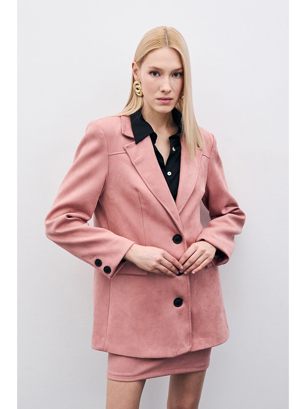 Pembe Düğmeli Süet Ceket - Pudra-6