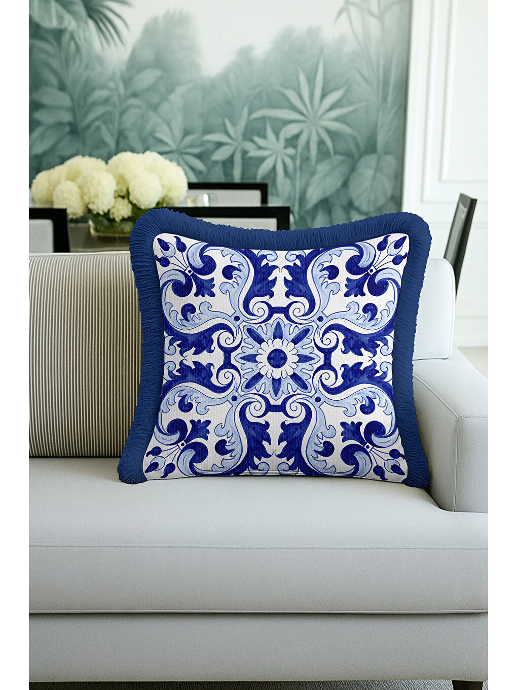 Karışık Barok Lüks Saçaklı Yastık Kılıfı - Akdeniz Etnik Mavi Beyaz Püsküllü Kırlent Kılıfı