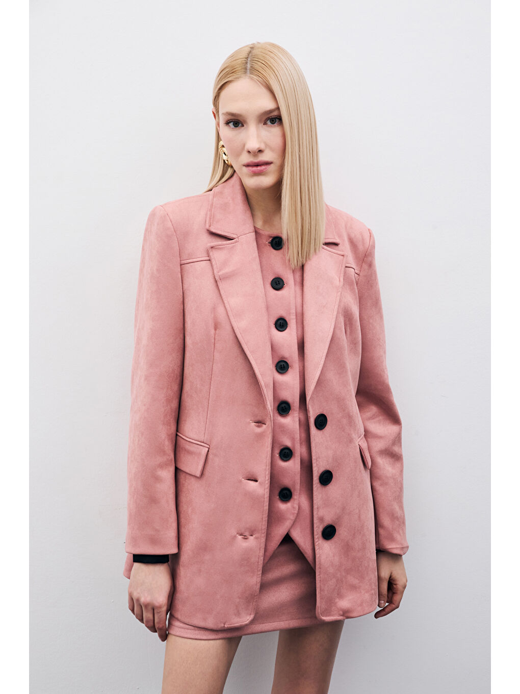 Pembe Düğmeli Süet Ceket - Pudra-7
