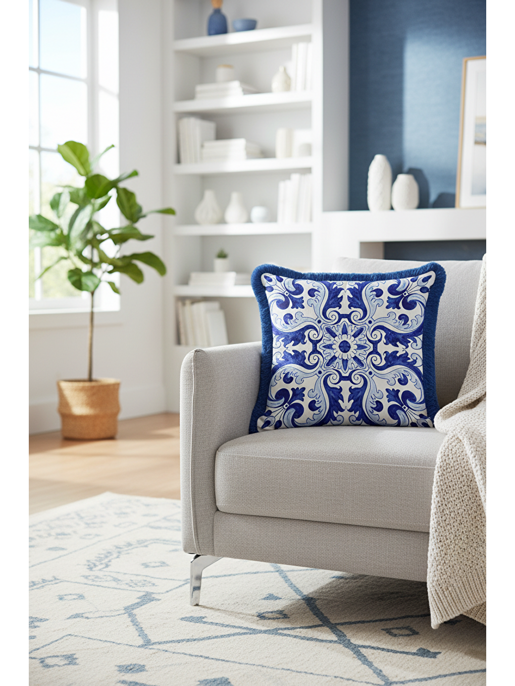 Karışık Barok Lüks Saçaklı Yastık Kılıfı - Akdeniz Etnik Mavi Beyaz Püsküllü Kırlent Kılıfı-1