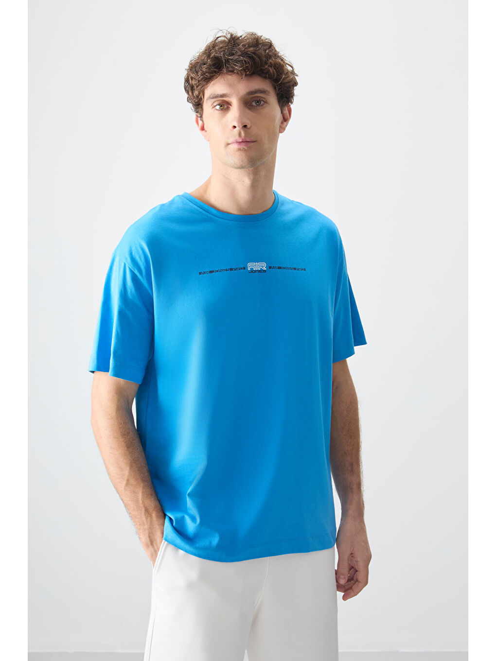 Petrol %100 Pamuk Oversize Baskılı Erkek Tişört- 88357-3