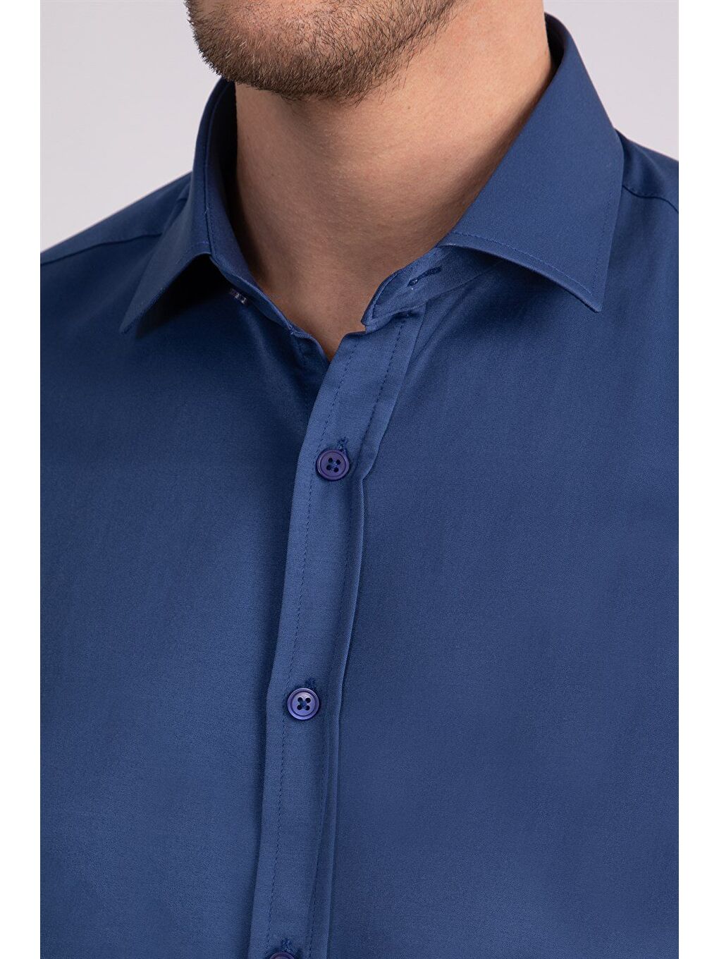 Erkek Modern Slim Fit Düz Saten Pamuklu İndigo Gömlek-2
