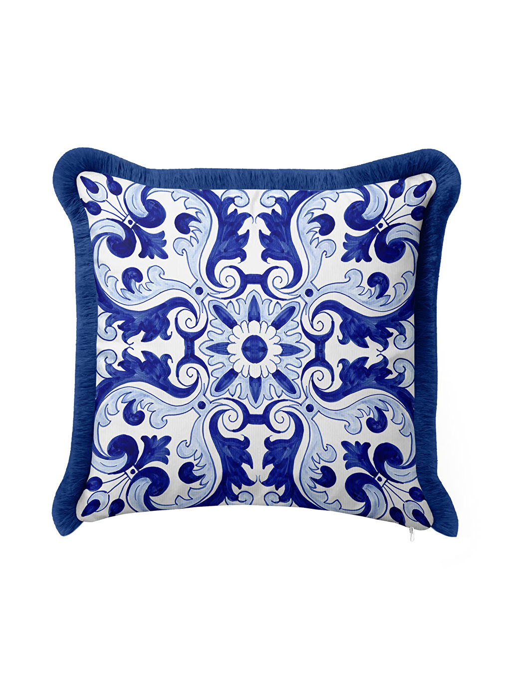 Karışık Barok Lüks Saçaklı Yastık Kılıfı - Akdeniz Etnik Mavi Beyaz Püsküllü Kırlent Kılıfı-2