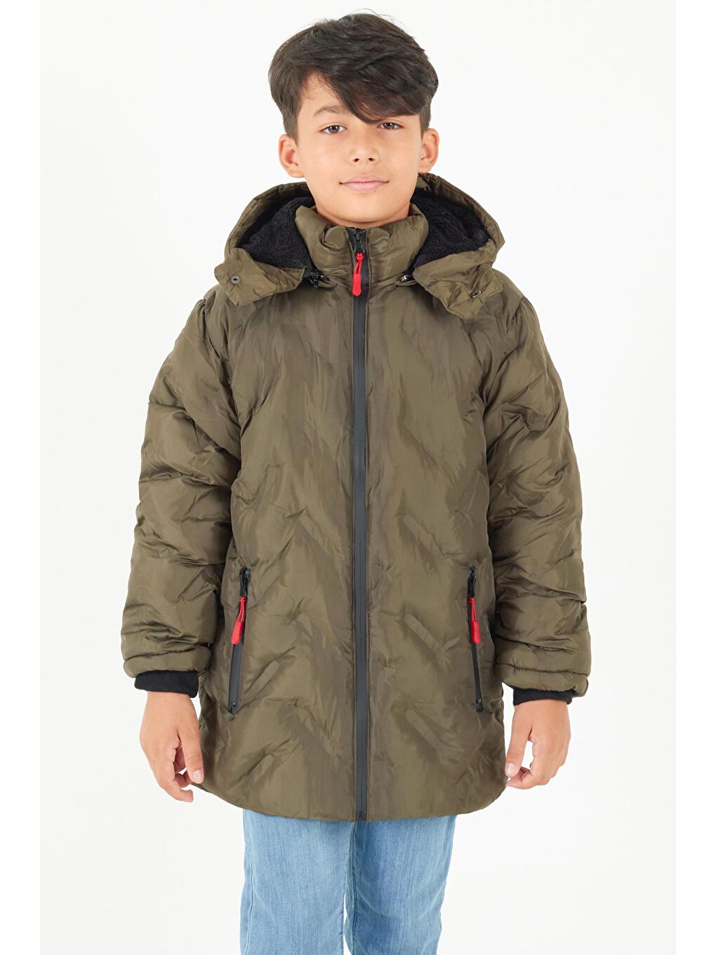 Haki Erkek Çocuk Mont Çapraz Baskılı Kapüşonlu Şişme Mont 14539-1