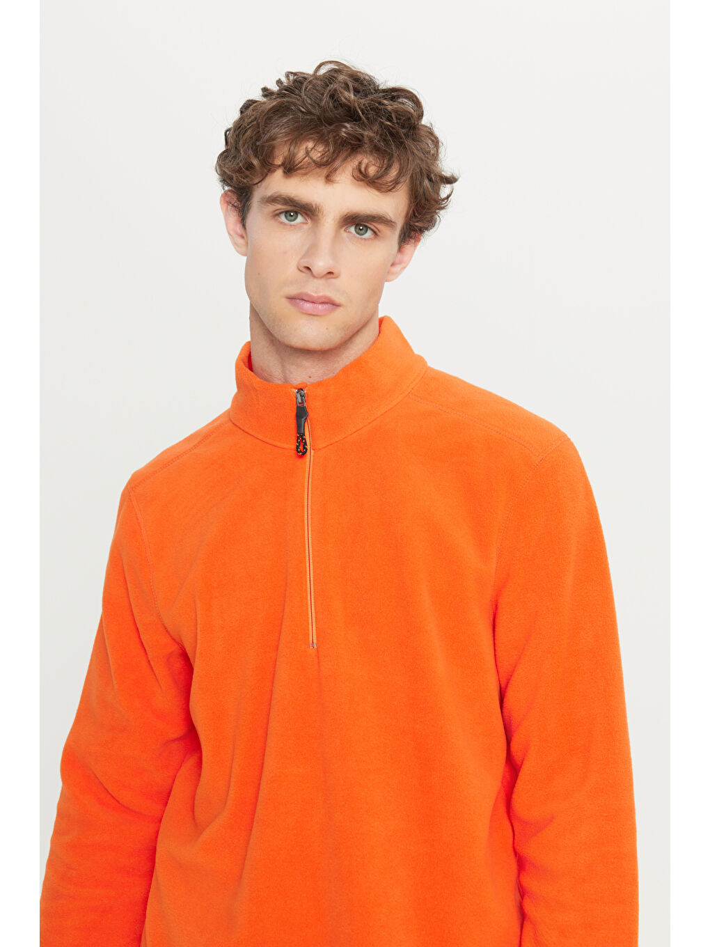 Erkek Turuncu Anti-Pilling Tüylenme Yapmayan Standart Fit Dik Yaka Polar Sweatshirt-3