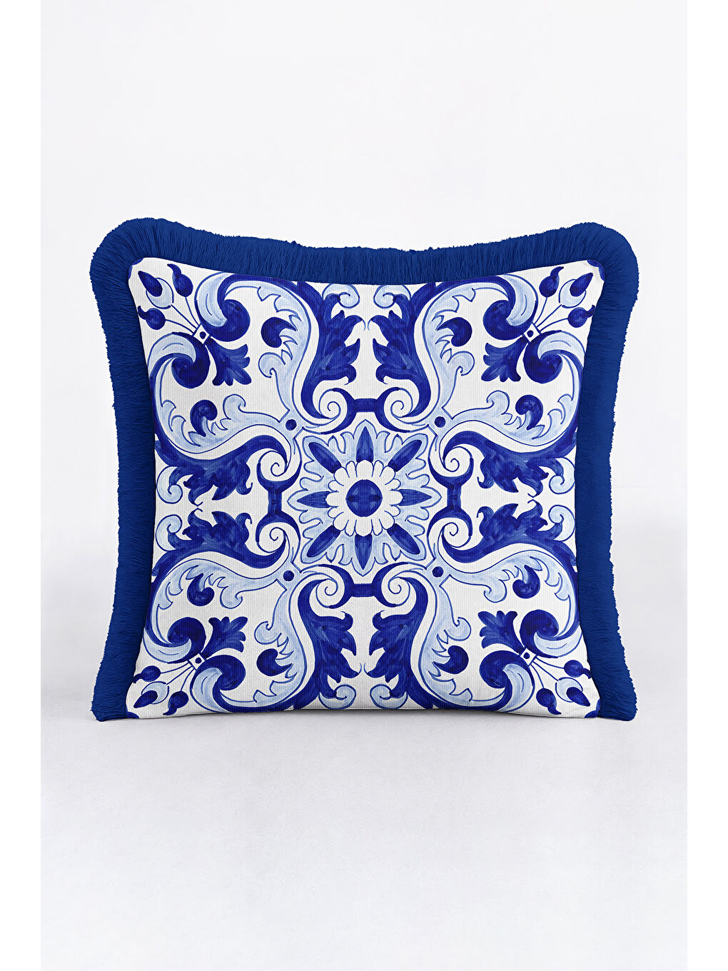 Karışık Barok Lüks Saçaklı Yastık Kılıfı - Akdeniz Etnik Mavi Beyaz Püsküllü Kırlent Kılıfı-3