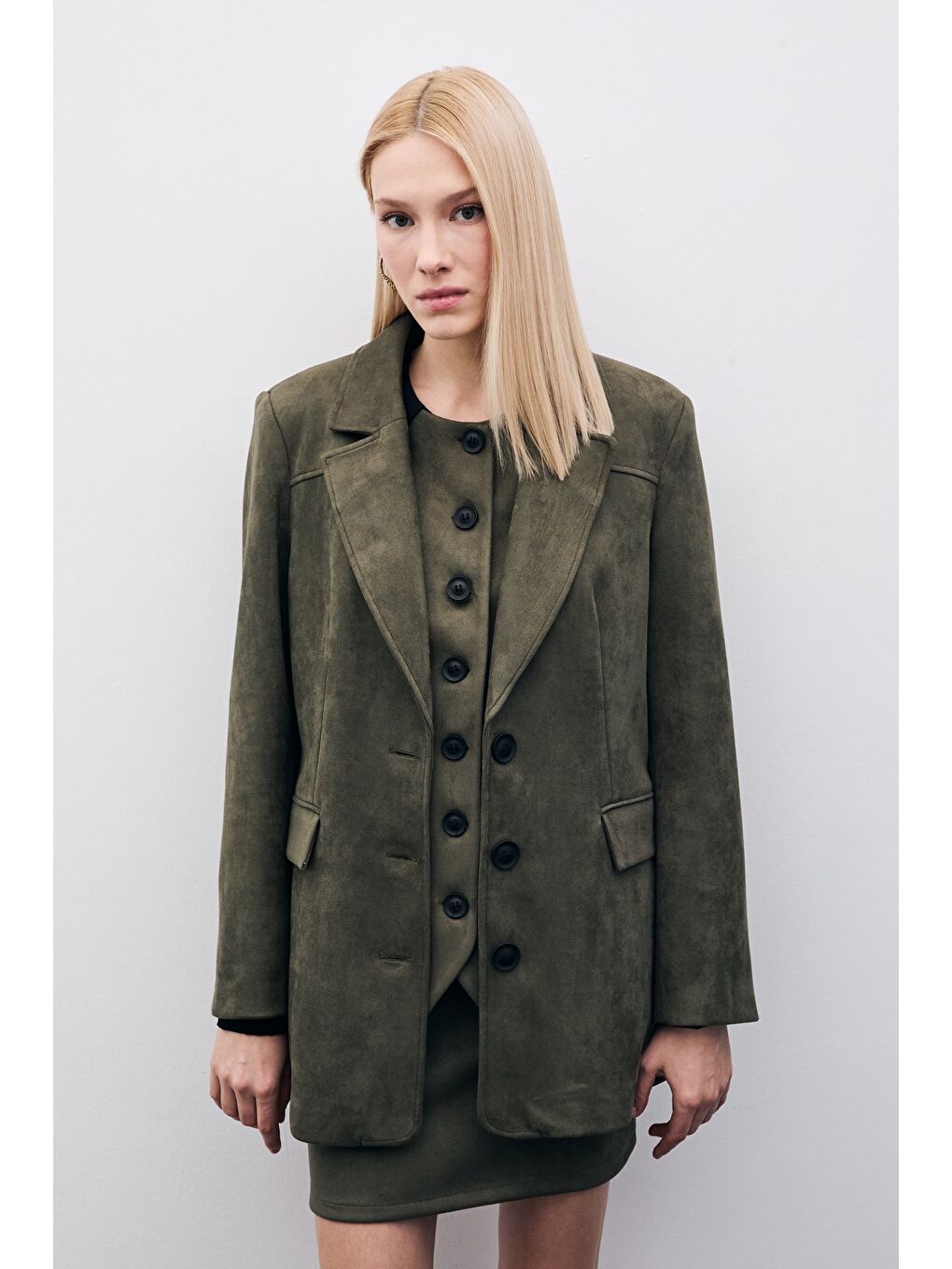 Düğmeli Süet Ceket - Haki-1