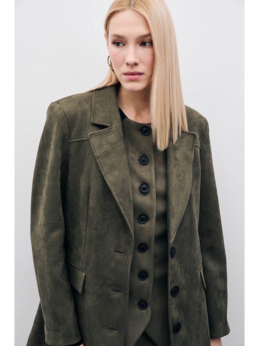 Düğmeli Süet Ceket - Haki-2