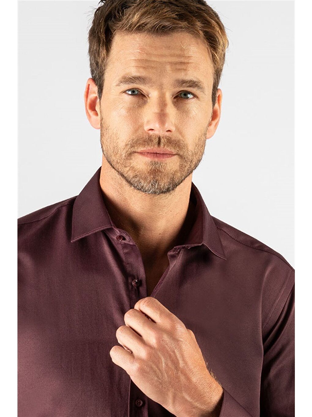 Erkek Modern Slim Fit Düz Saten Pamuklu Bordo Gömlek