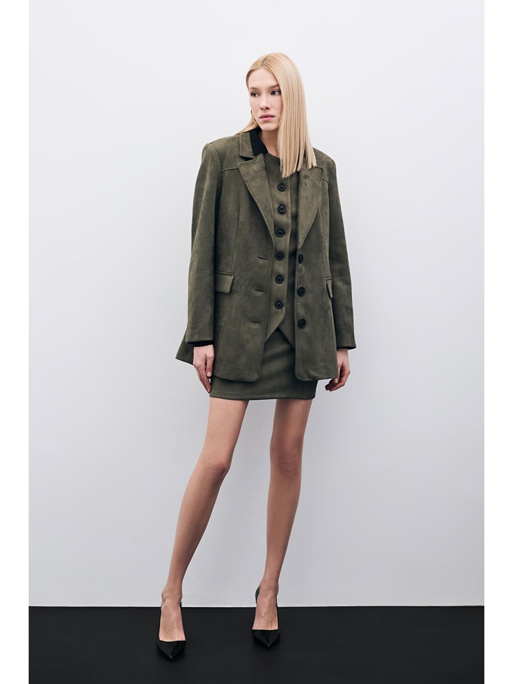 Düğmeli Süet Ceket - Haki-3