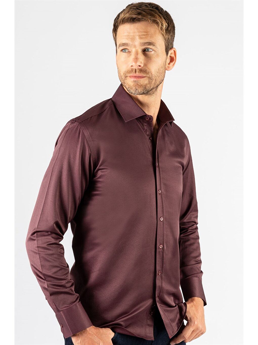 Erkek Modern Slim Fit Düz Saten Pamuklu Bordo Gömlek-1