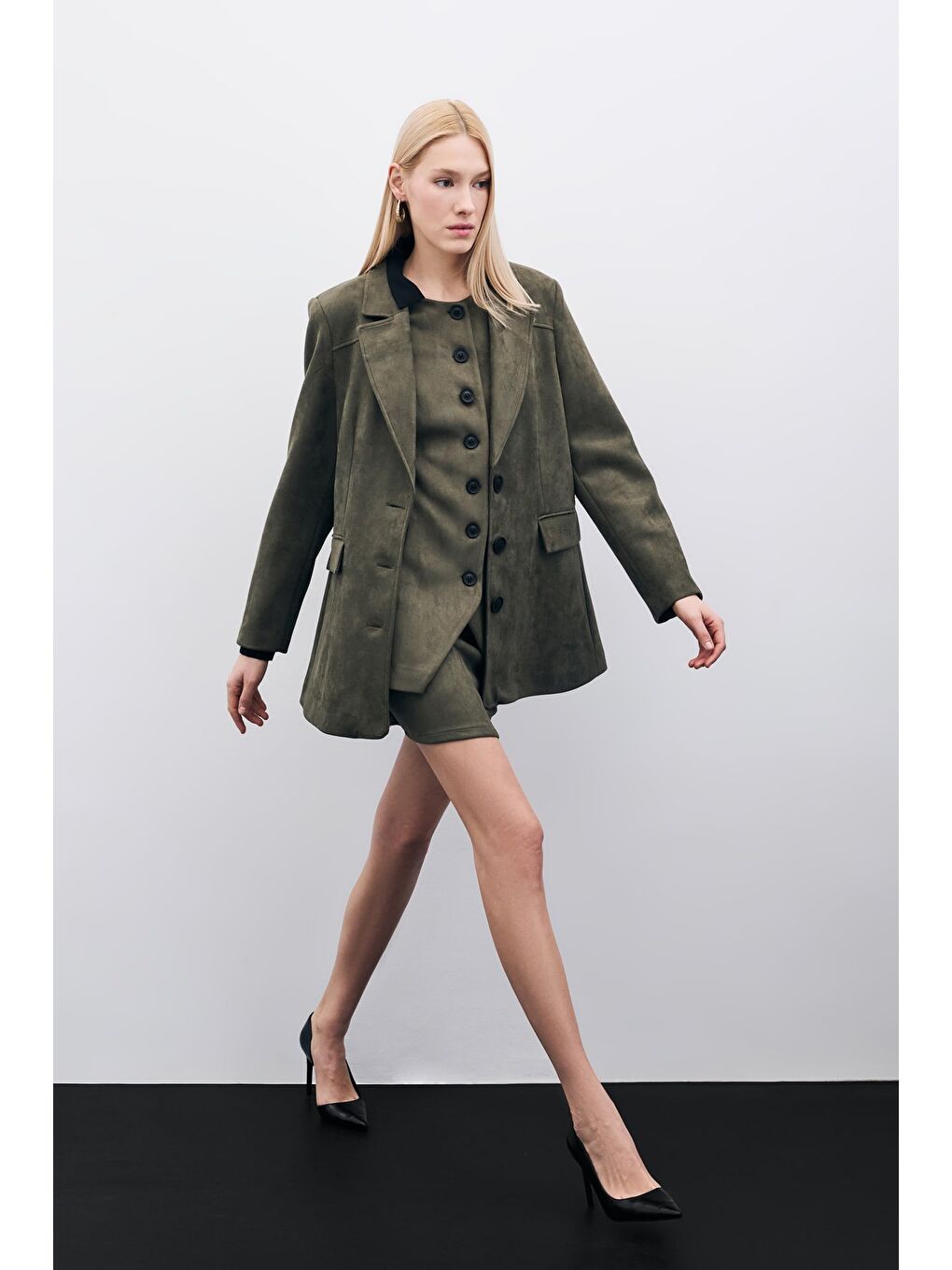Düğmeli Süet Ceket - Haki-4