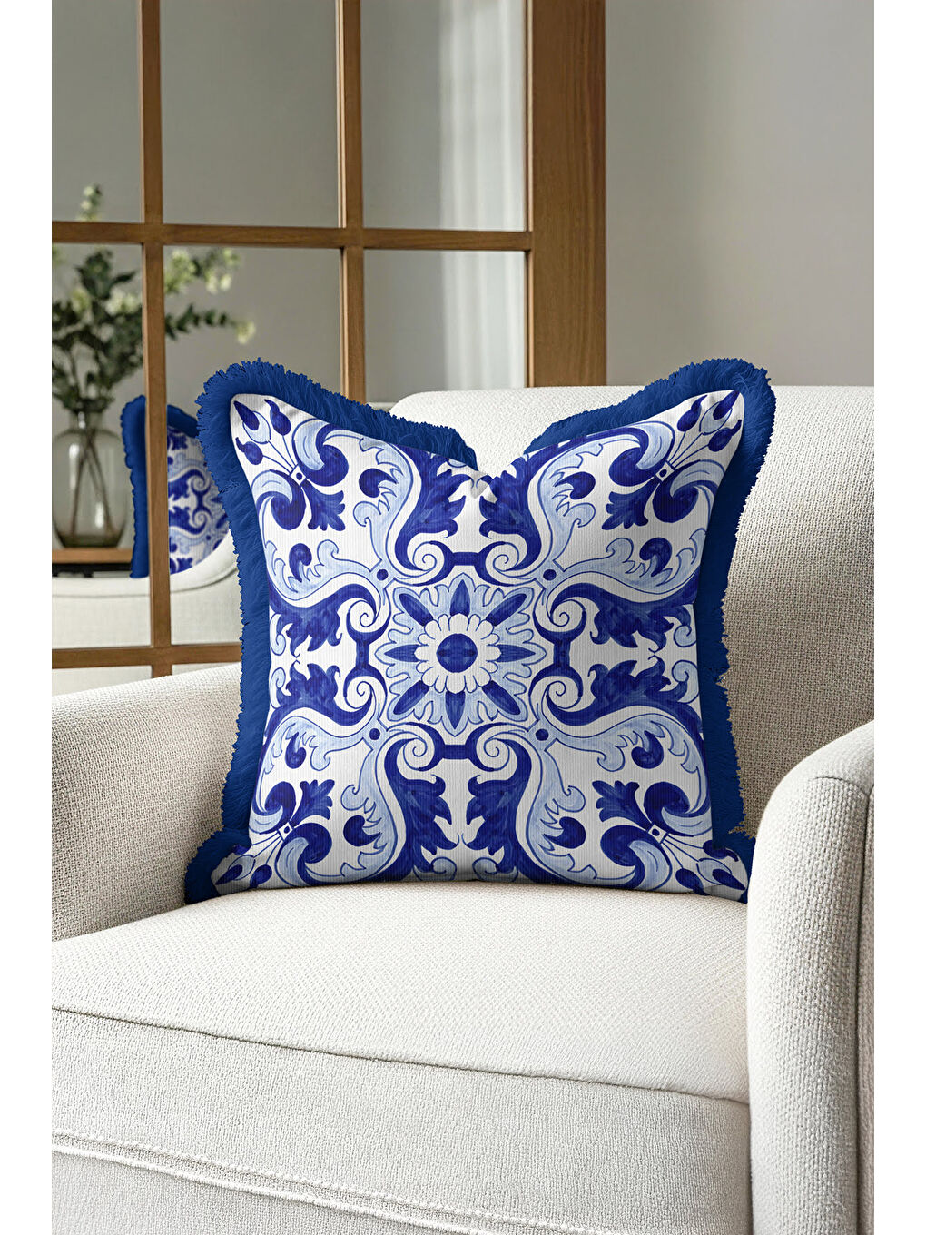 Karışık Barok Lüks Saçaklı Yastık Kılıfı - Akdeniz Etnik Mavi Beyaz Püsküllü Kırlent Kılıfı-4