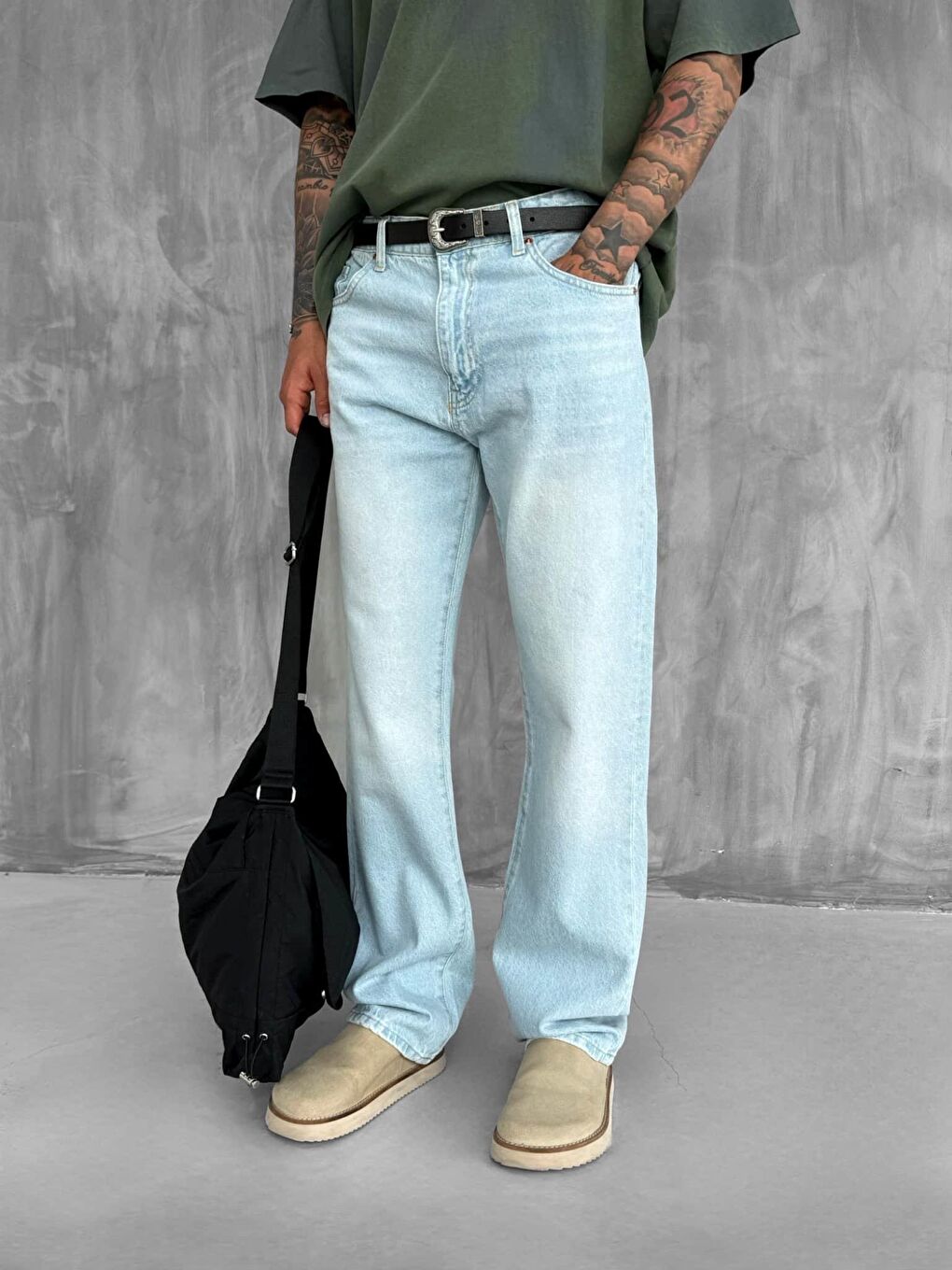 Erkek Baggy Fit Jean Açık Mavi-1