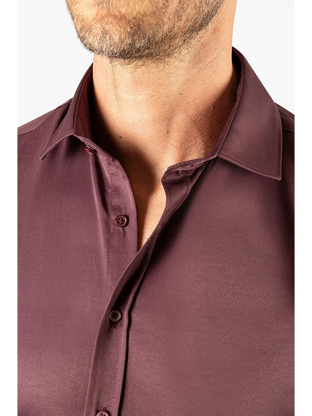 Erkek Modern Slim Fit Düz Saten Pamuklu Bordo Gömlek-2