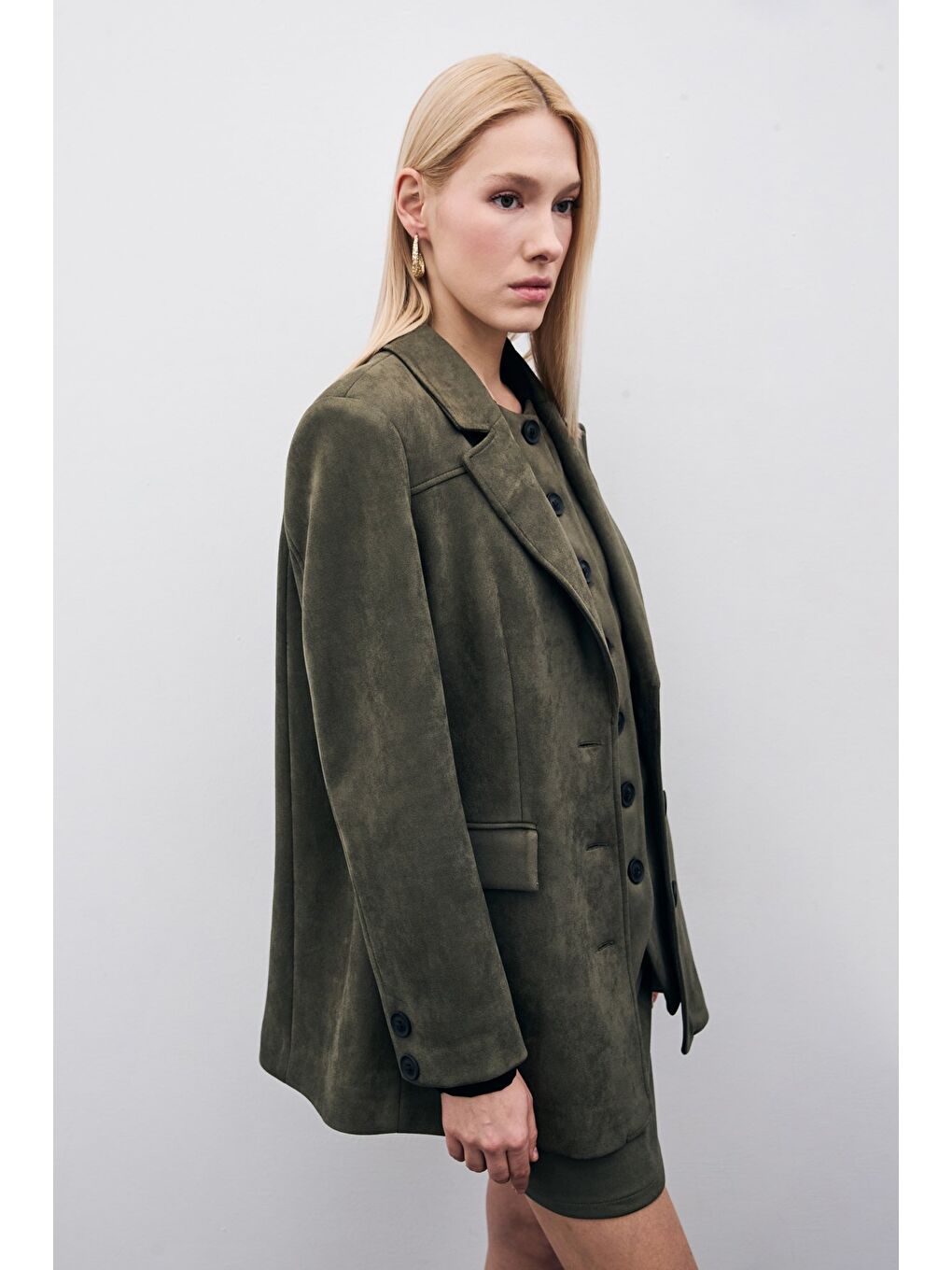 Düğmeli Süet Ceket - Haki-5
