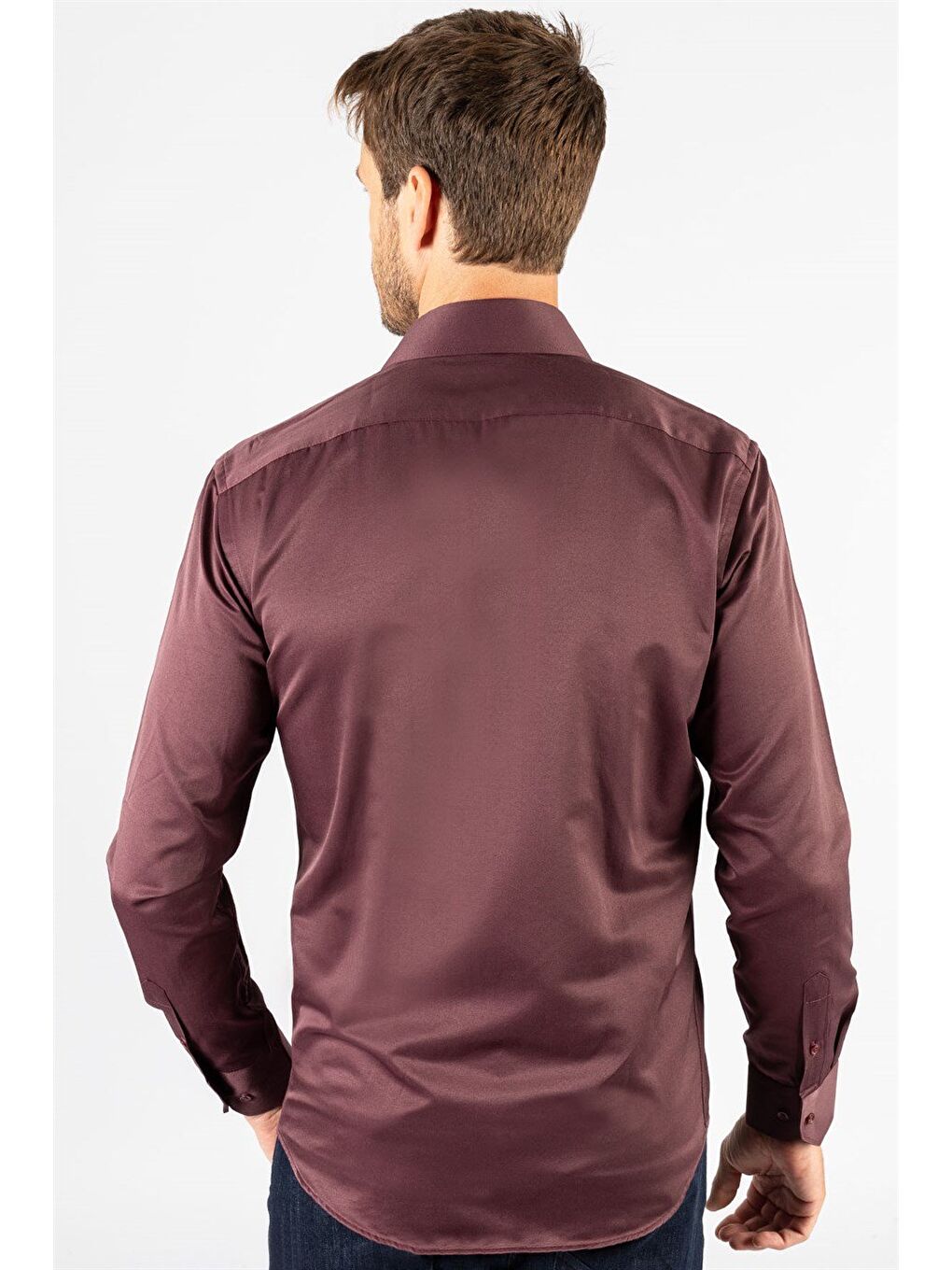 Erkek Modern Slim Fit Düz Saten Pamuklu Bordo Gömlek-3