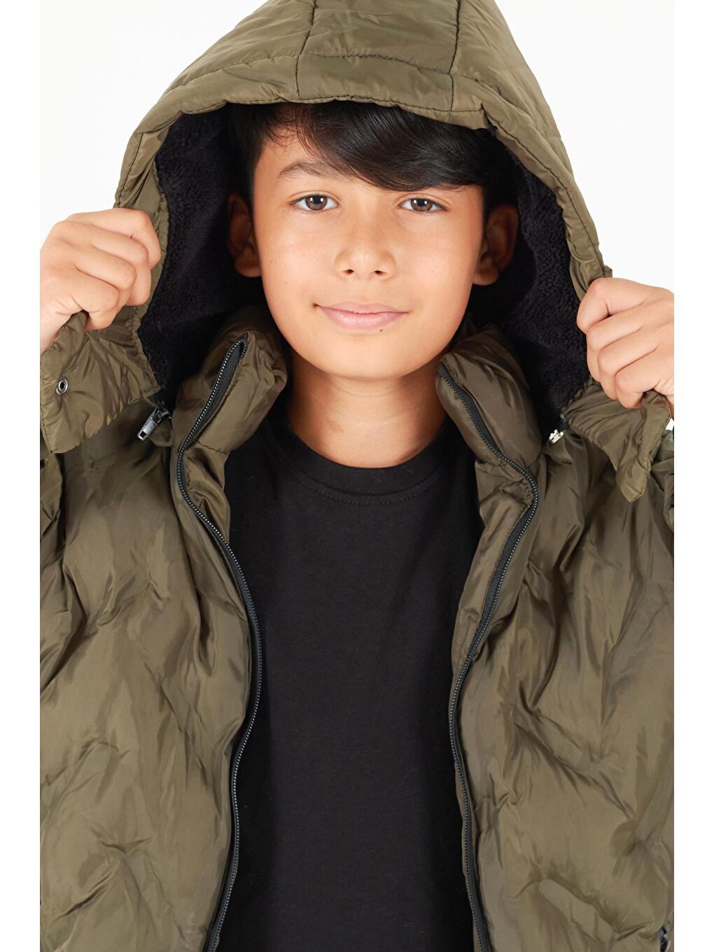 Haki Erkek Çocuk Mont Çapraz Baskılı Kapüşonlu Şişme Mont 14539-2