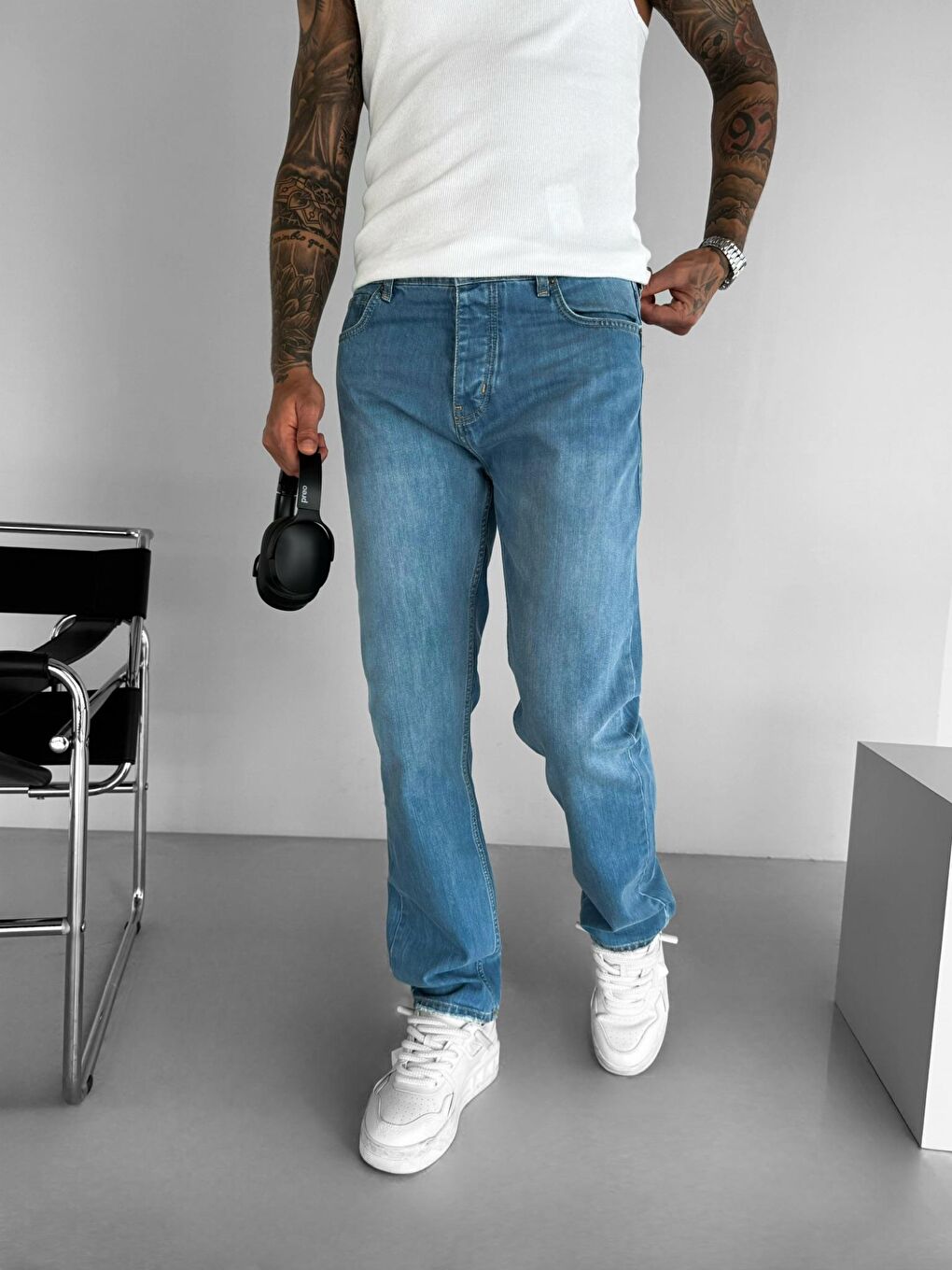 Baggy Fit Düz Kesim %100 Pamuk Jean Pantolon Mavi-1