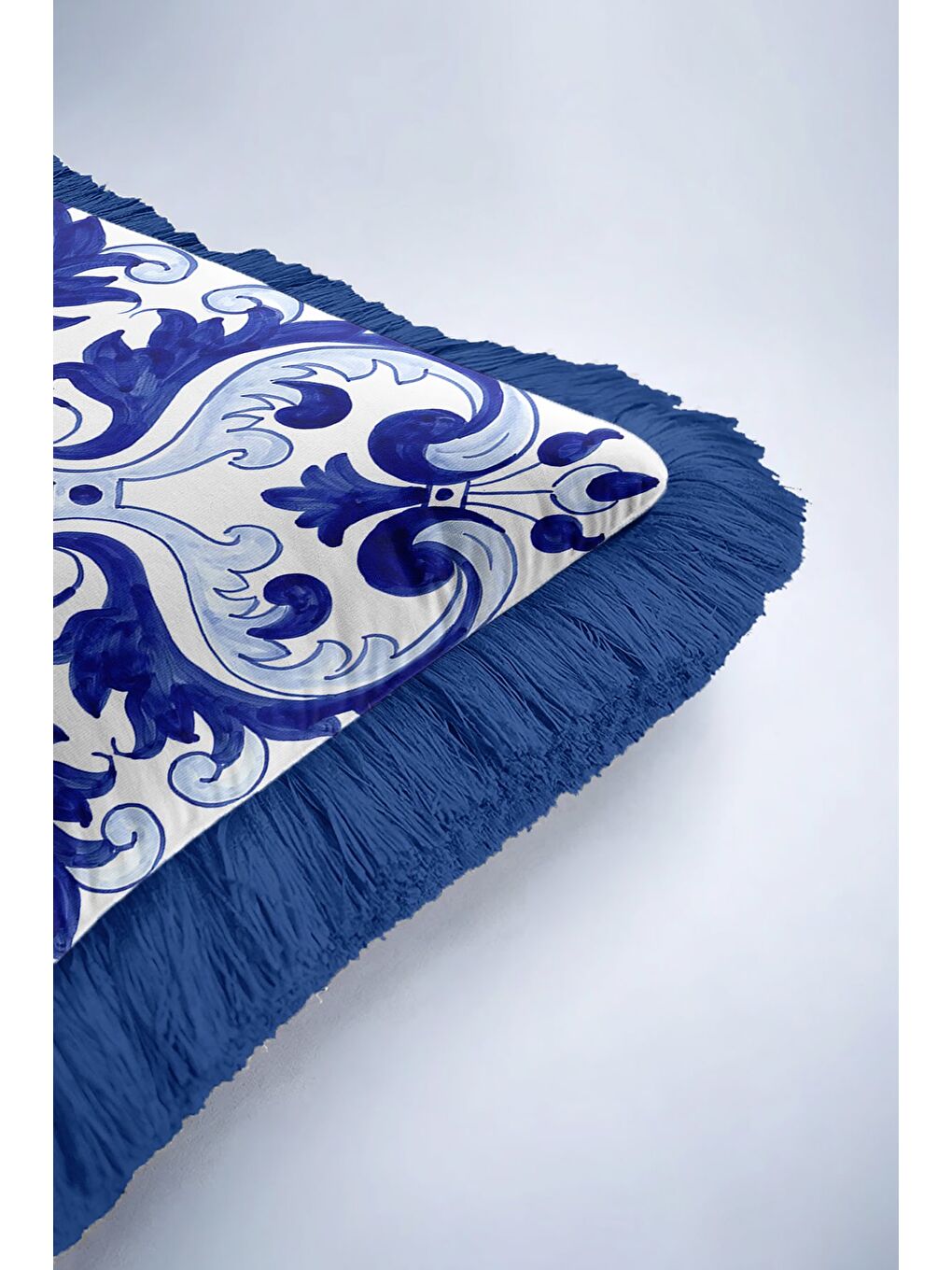 Karışık Barok Lüks Saçaklı Yastık Kılıfı - Akdeniz Etnik Mavi Beyaz Püsküllü Kırlent Kılıfı-6