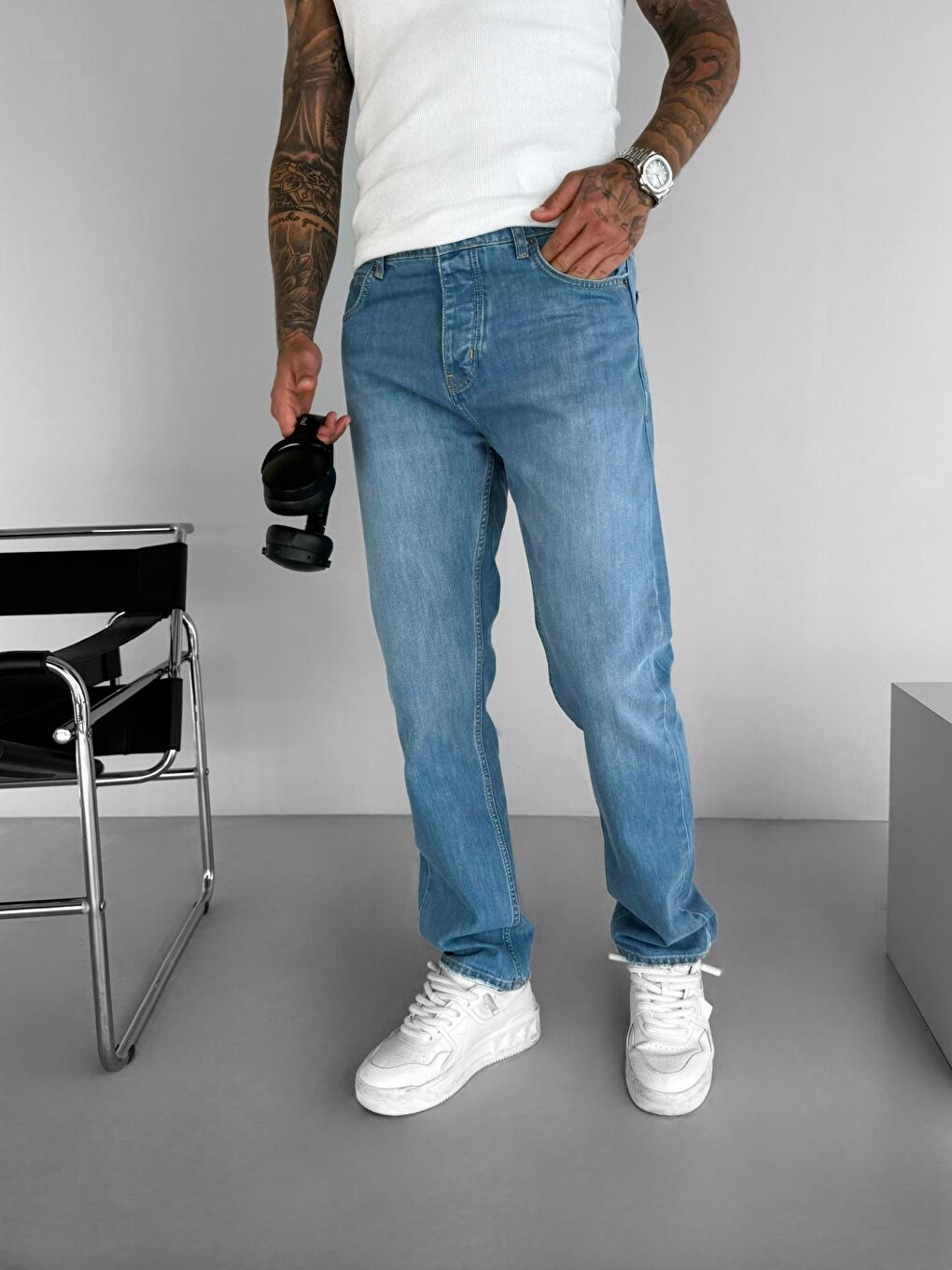 Baggy Fit Düz Kesim %100 Pamuk Jean Pantolon Mavi-3