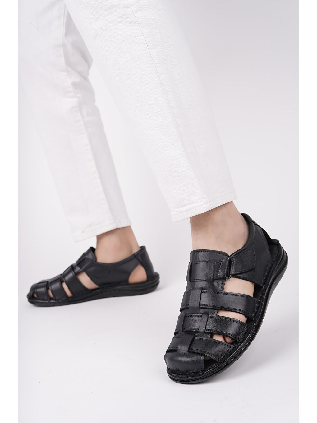 Siyah Edinburg Erkek Günlük Hakiki Deri Rahat Yumuşak Taban Ortopedik Sandalet-1
