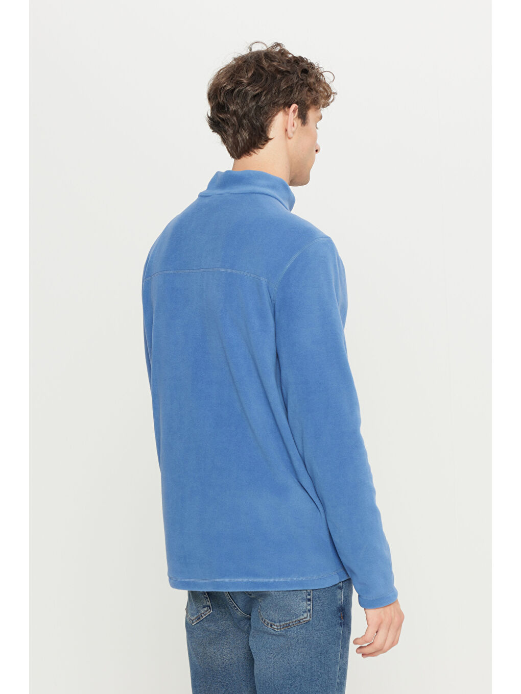 Erkek İndigo Anti-Pilling Tüylenme Yapmayan Standart Fit Dik Yaka Polar Sweatshirt-4