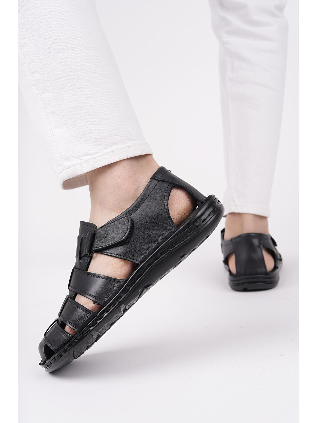 Siyah Edinburg Erkek Günlük Hakiki Deri Rahat Yumuşak Taban Ortopedik Sandalet-2