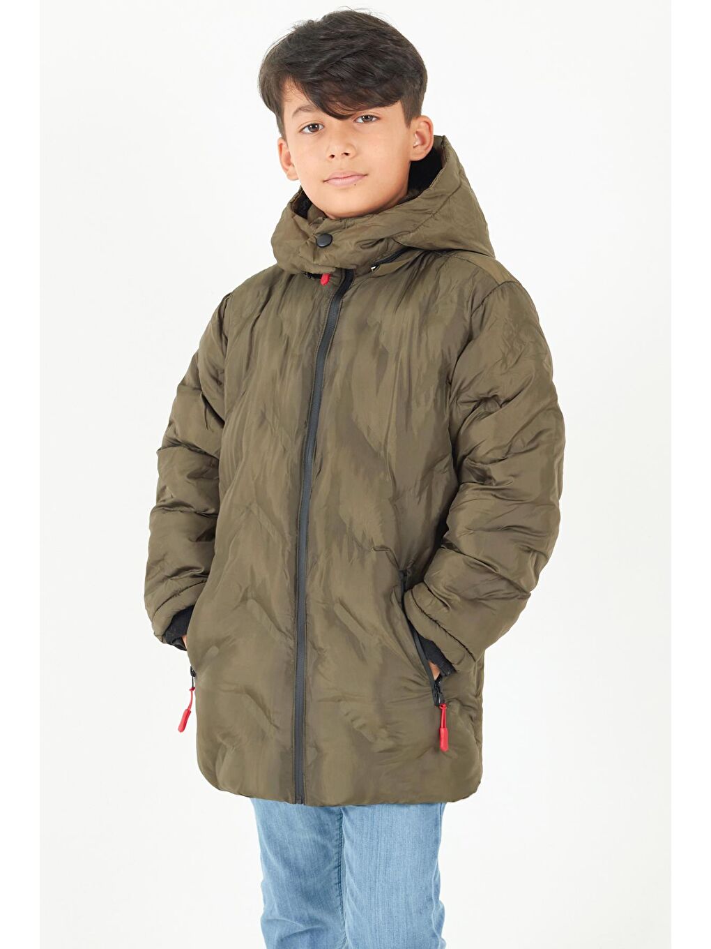 Haki Erkek Çocuk Mont Çapraz Baskılı Kapüşonlu Şişme Mont 14539-3