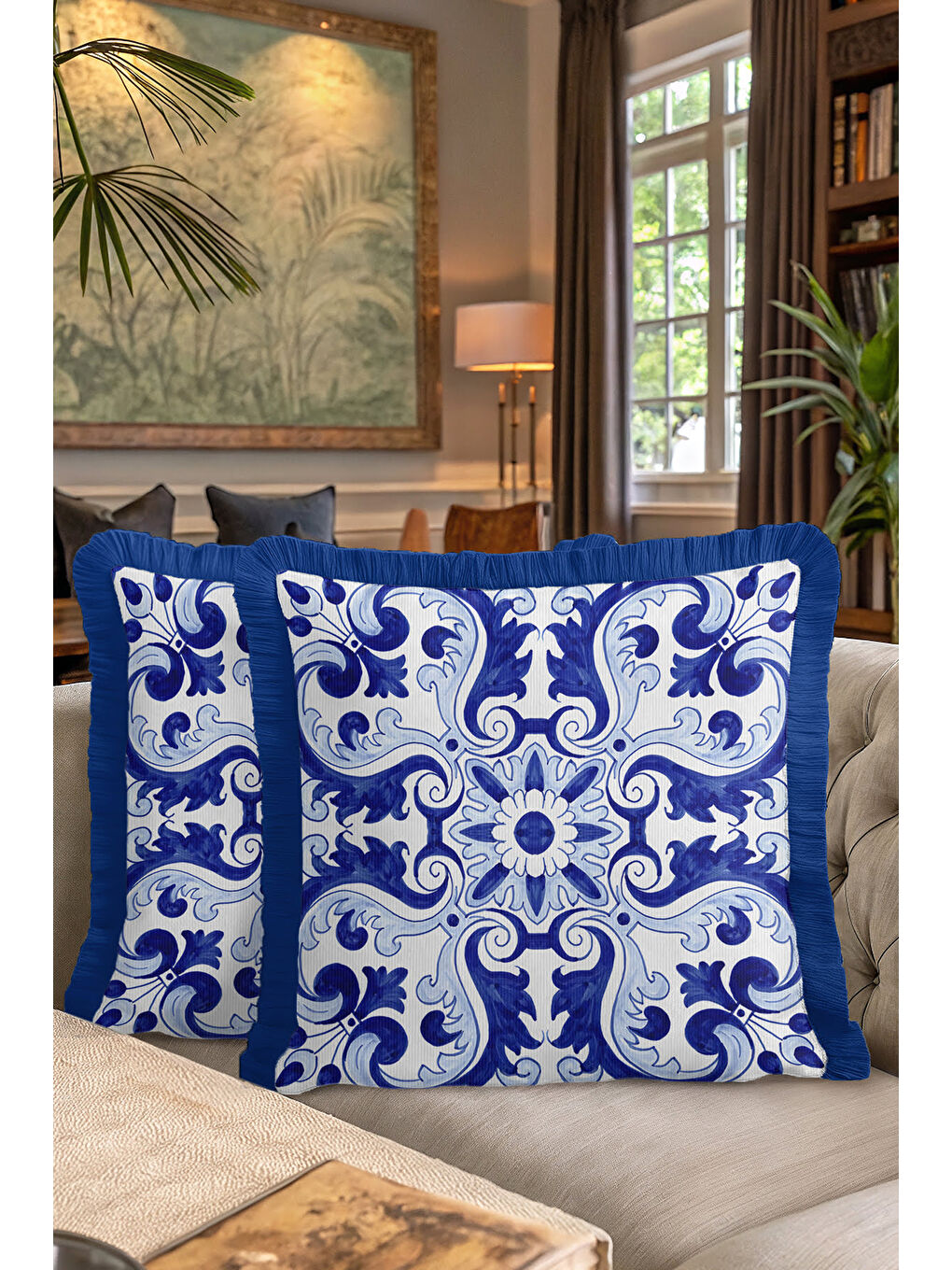 Karışık Barok Lüks Saçaklı Yastık Kılıfı - Akdeniz Etnik Mavi Beyaz Püsküllü Kırlent Kılıfı-7