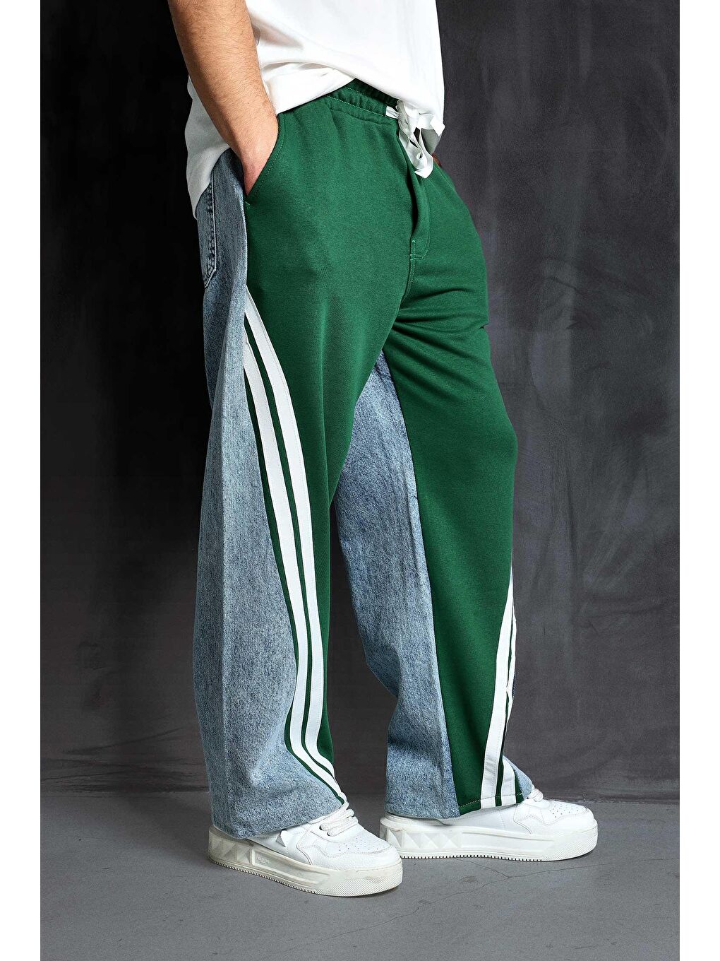 Baggy Fit Şerit Detaylı Duo Jean Yeşil-1
