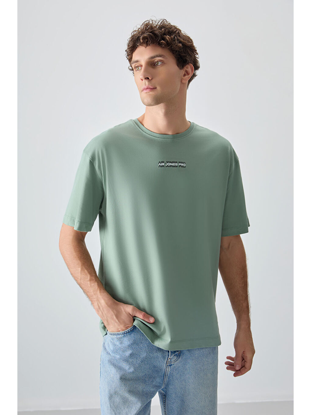 Açık Yeşil %100 Pamuk Kalın Yumuşak Dokulu Oversize Fit Baskılı Erkek Tişört -88354