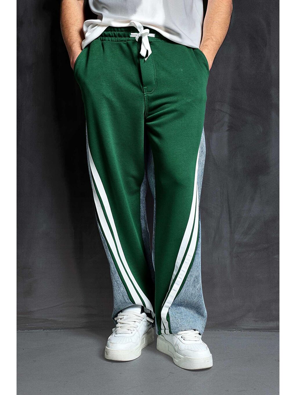 Baggy Fit Şerit Detaylı Duo Jean Yeşil-2