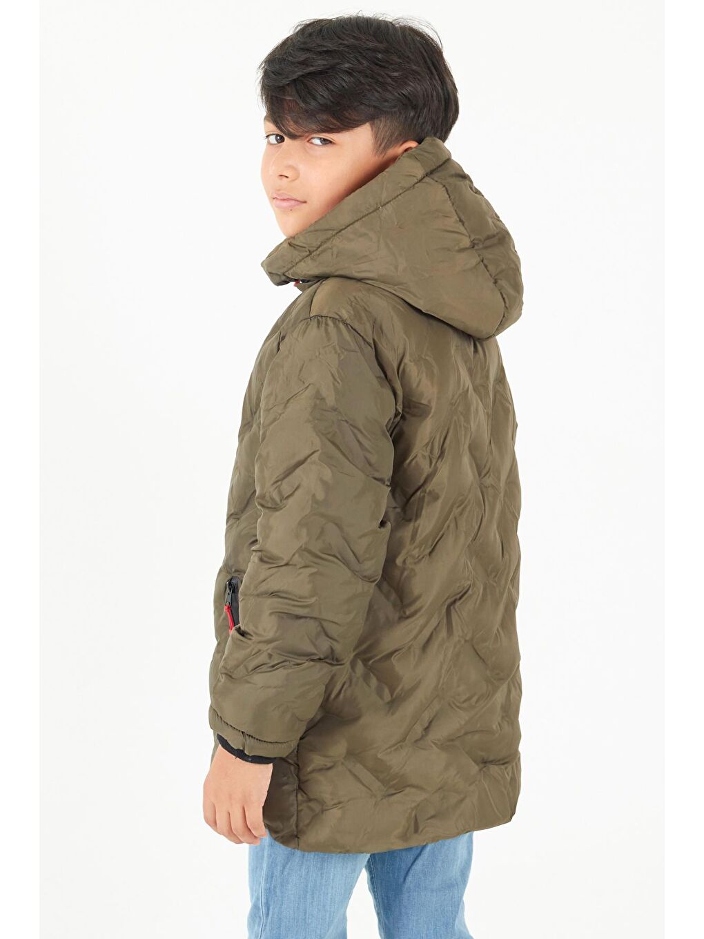 Haki Erkek Çocuk Mont Çapraz Baskılı Kapüşonlu Şişme Mont 14539-4