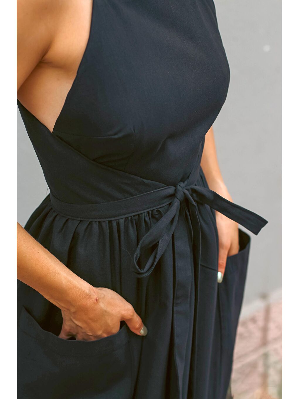 Siyah Keten Free Size Venüs Elbise-1