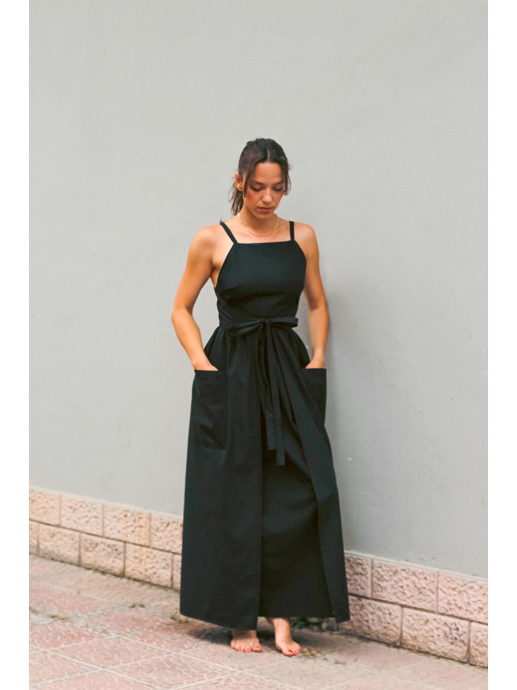 Siyah Keten Free Size Venüs Elbise-2